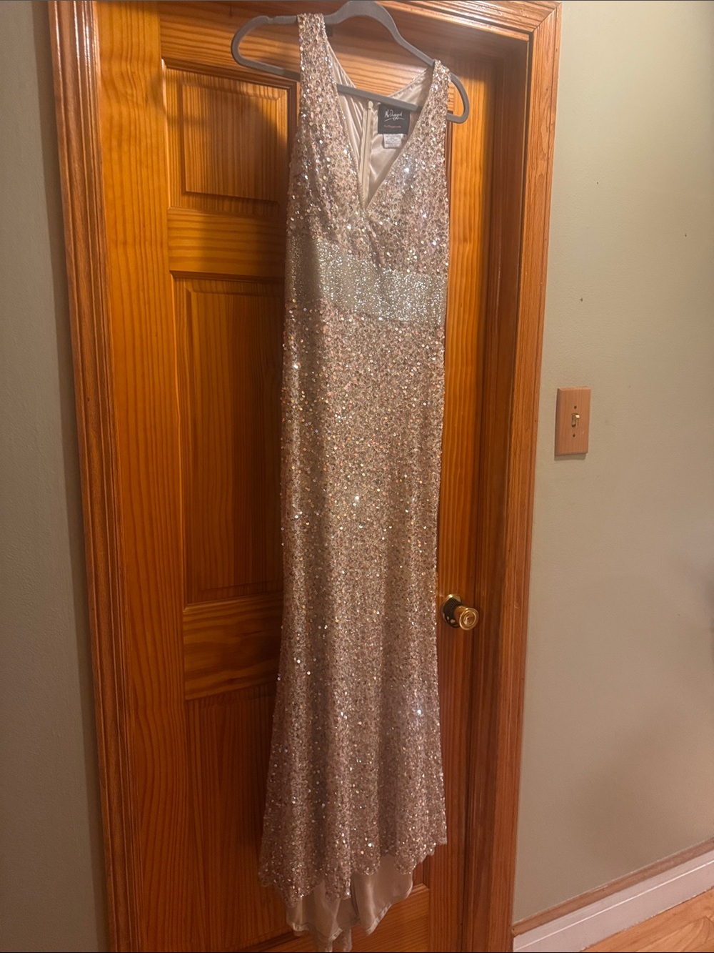 Mac Duggal Rose Gold Sequin V-Neck Prom Gown